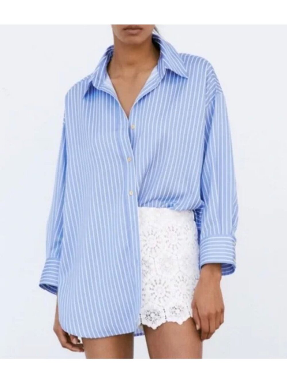 Zara Blue White Striped Preppy City Poplin Oversized Button Shirt City Womens S